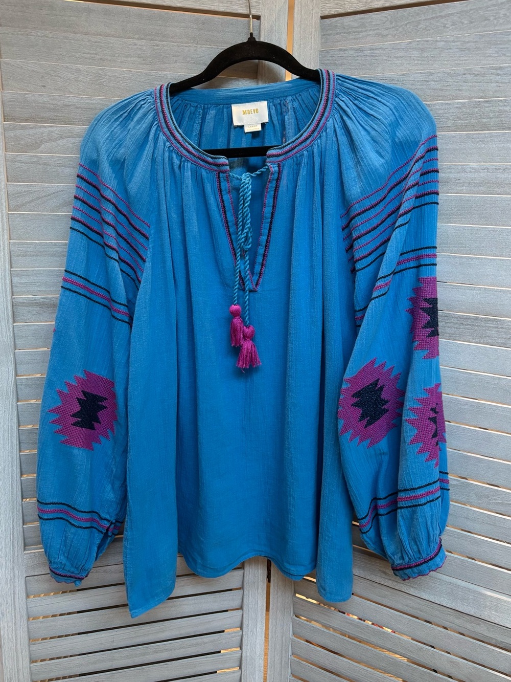 Maeve Blue Embroidered Boho Peasant Blouse with Pink and Black Accents size L